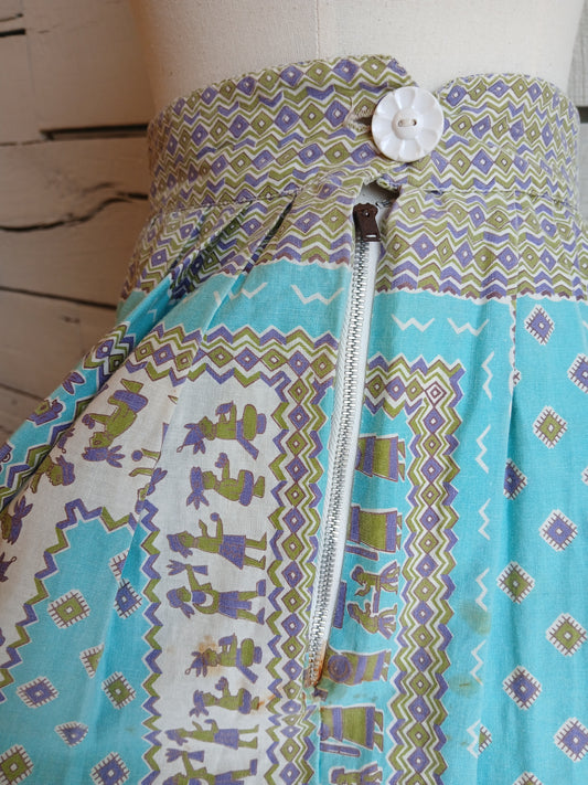 1950s Teal Aztec print skirt