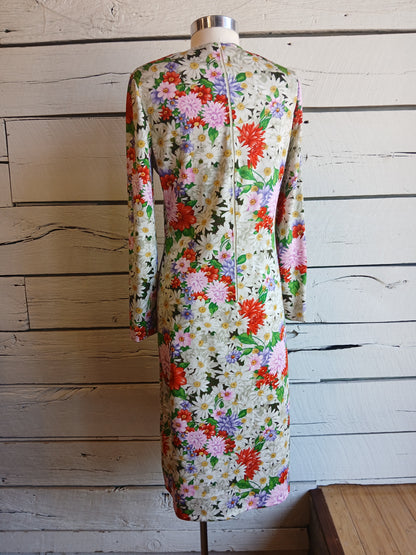 1970s Goldworm Floral Knit Dress with matching scarf