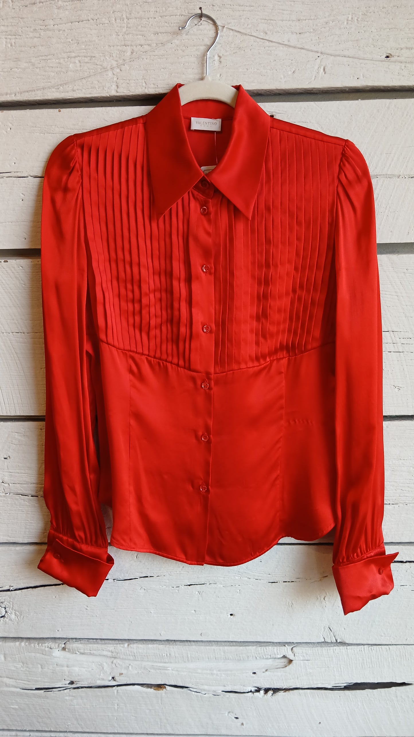 1990s Red Pleated Valentino Tuxedo Blouse