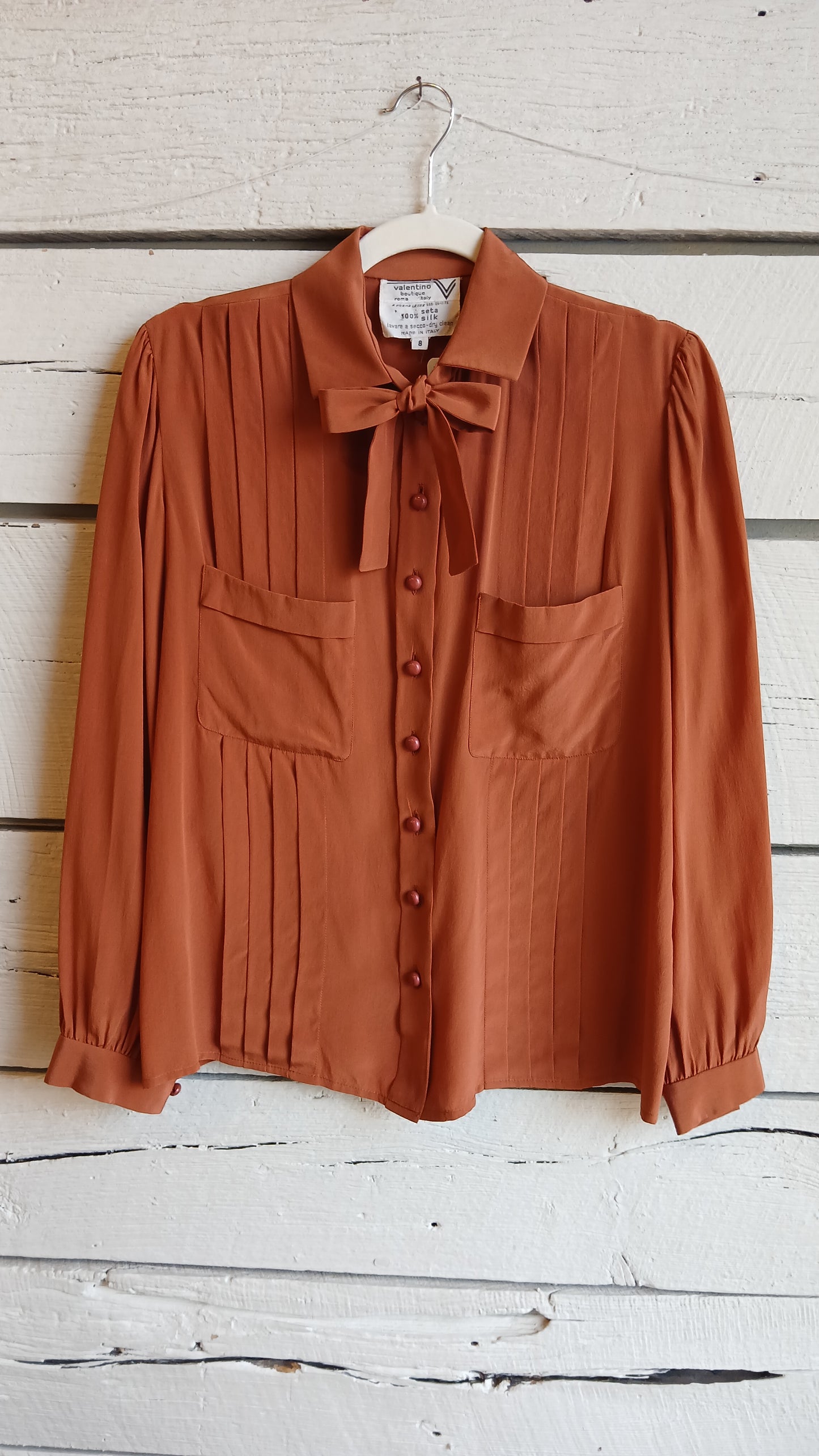 Orange Pleated Pussy Bow Valentino Blouse