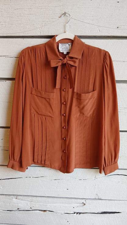 Orange Pleated Pussy Bow Valentino Blouse
