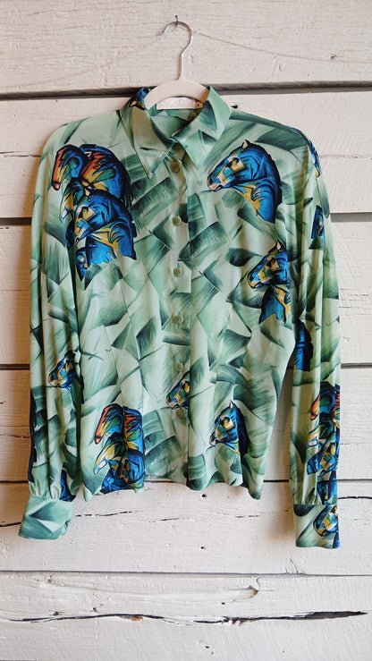 1990s Green Stained Glass Horses Escada Blouse
