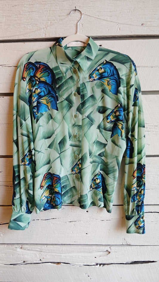 1990s Green Stained Glass Horses Escada Blouse