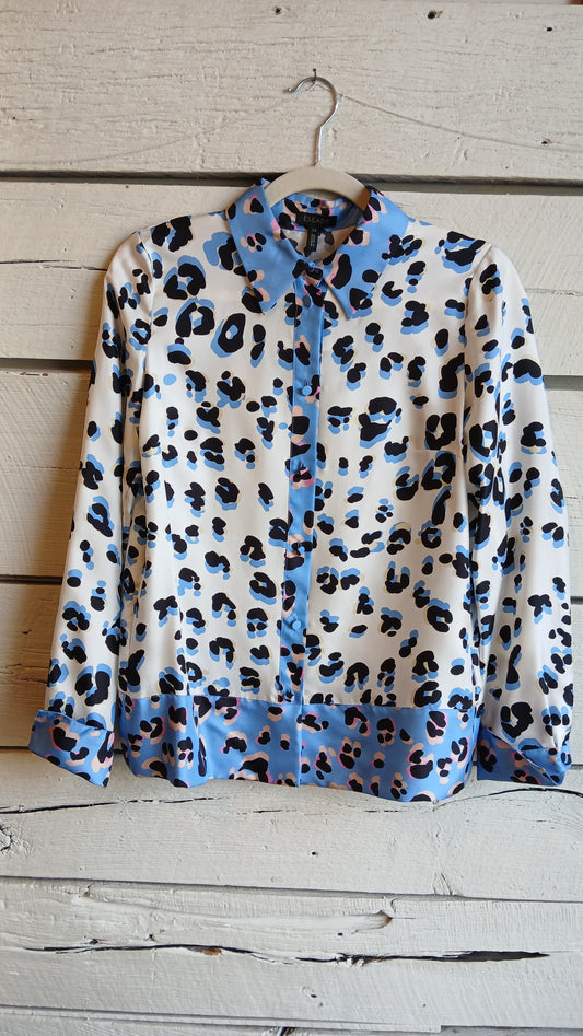 2000s Blue and White Leopard Print Escada Blouse