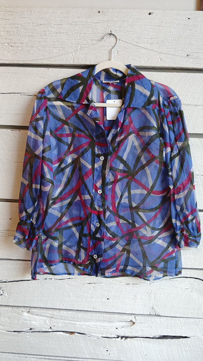 1970s YSL Silk Chiffon Blue Abstract Print Blouse