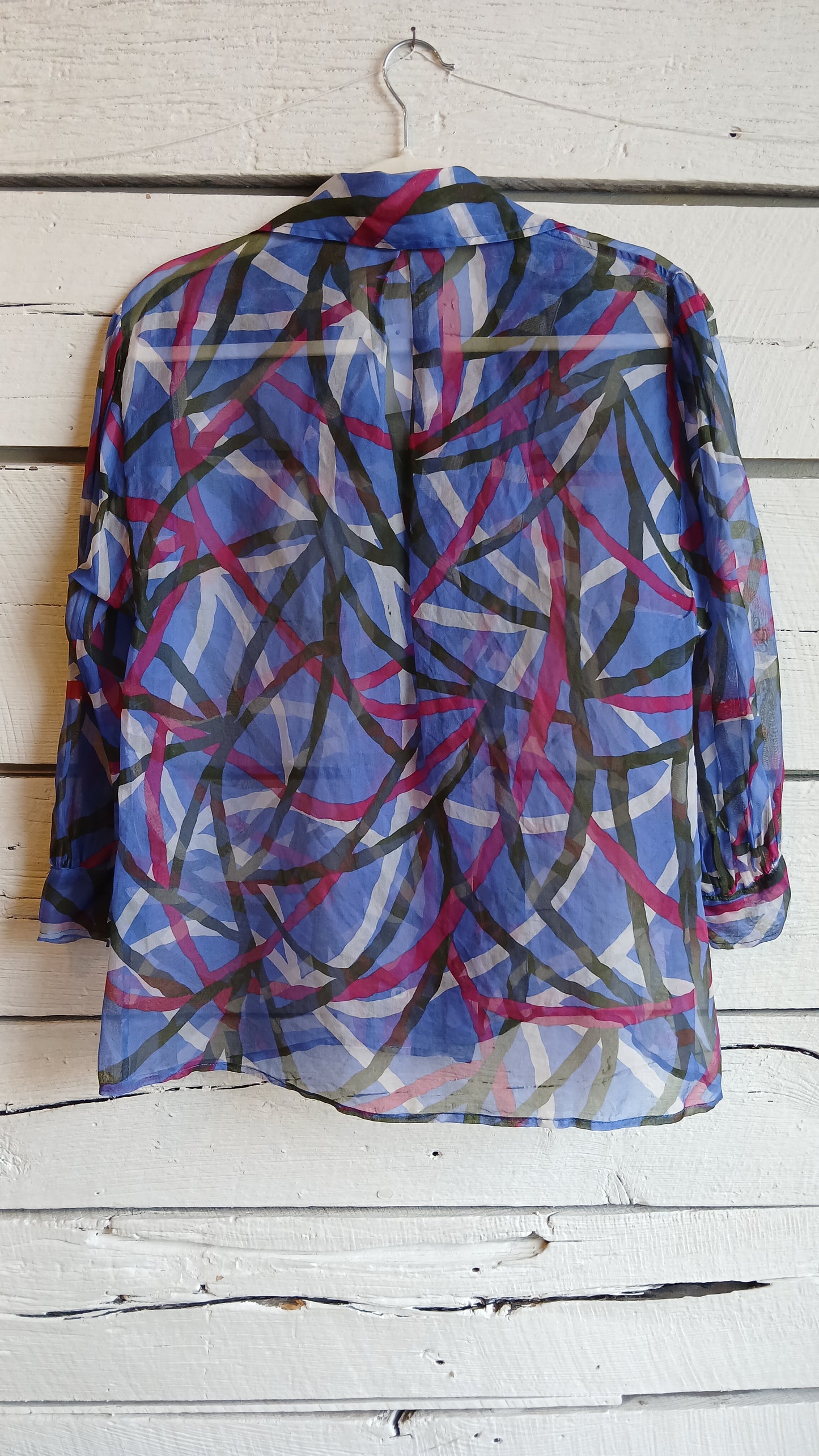 1970s YSL Silk Chiffon Blue Abstract Print Blouse