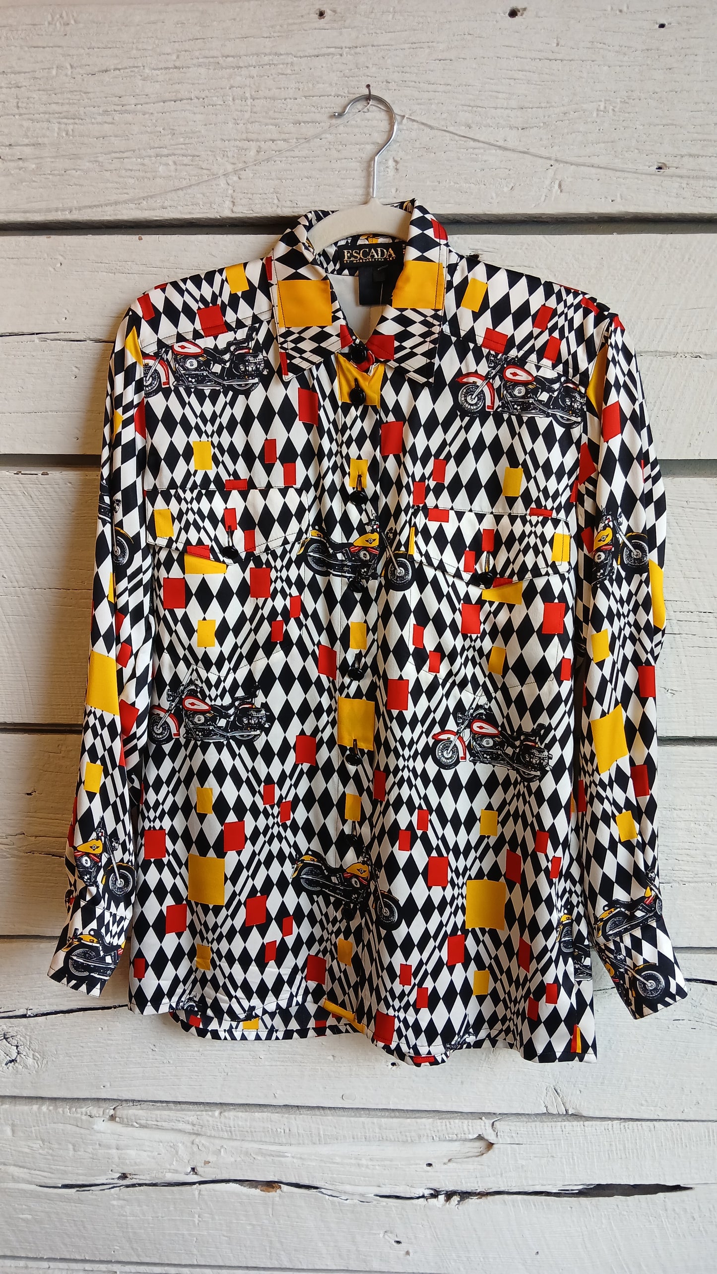 1980s Optical Illusion Motorcycle Print Escada Blouse