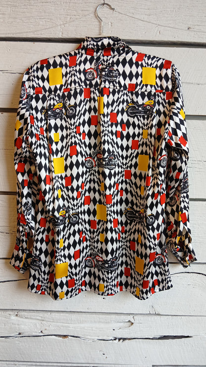 1980s Optical Illusion Motorcycle Print Escada Blouse