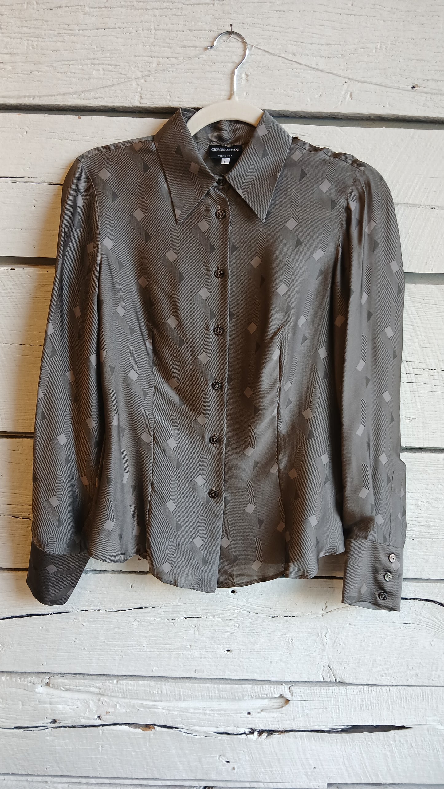 1980s Armani Geometric Gray Silk Blouse