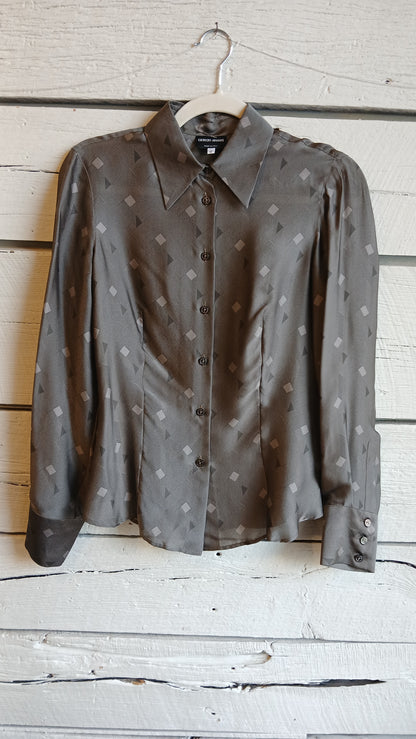 1980s Armani Geometric Gray Silk Blouse