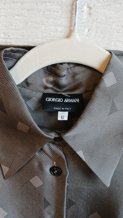 1980s Armani Geometric Gray Silk Blouse