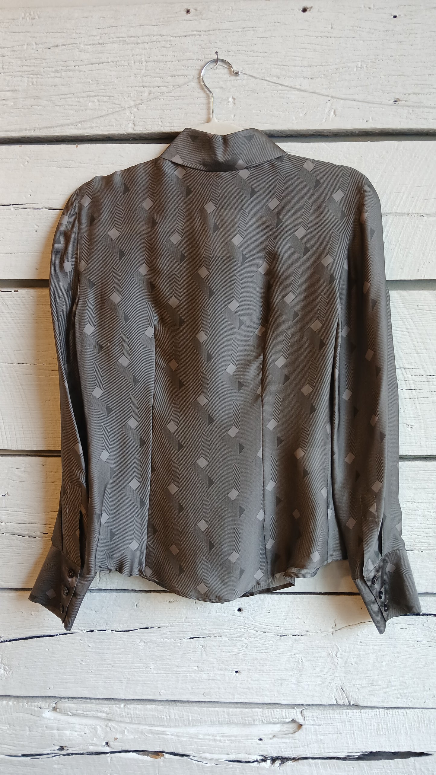 1980s Armani Geometric Gray Silk Blouse