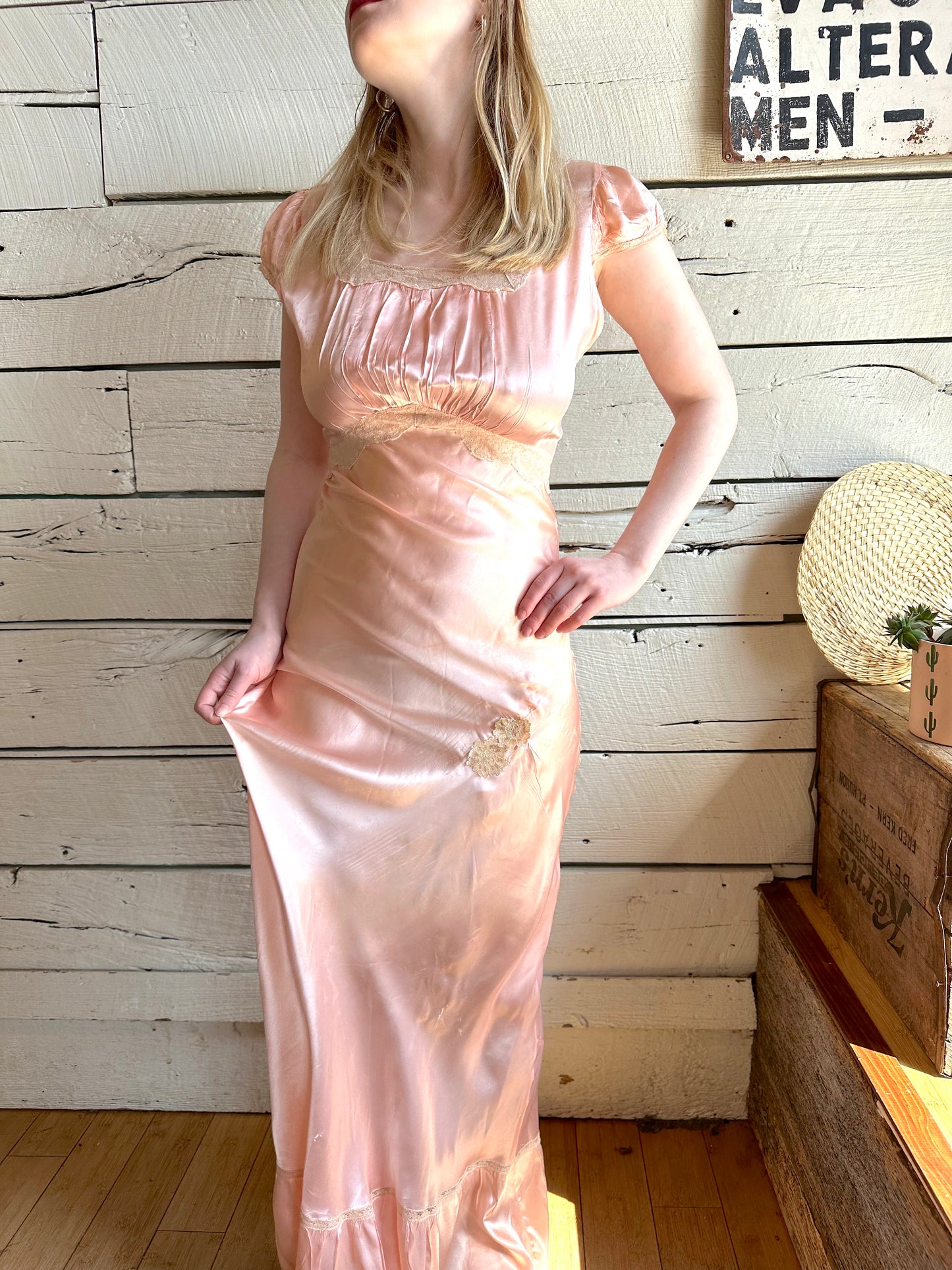 1930s satin blend ruched full-length slip
