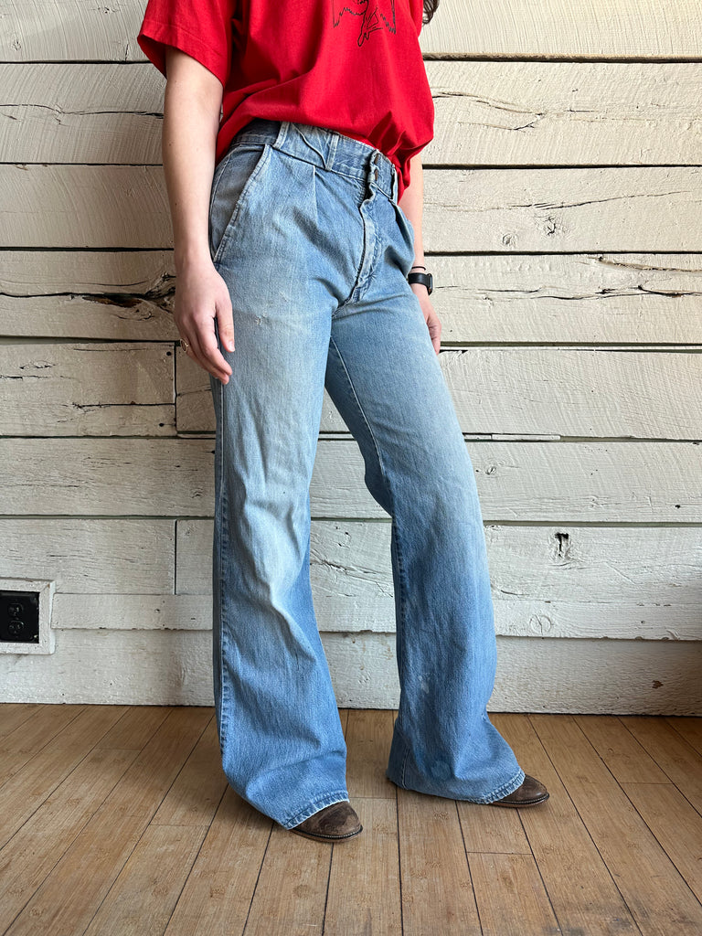1970s pleated wide leg bell bottom jeans