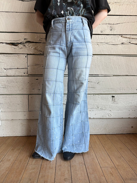 1970s window pane patchwork bell bottom jeans