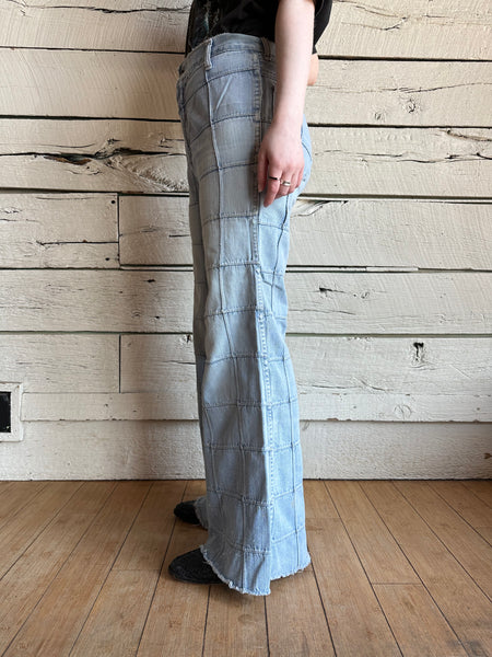 1970s window pane patchwork bell bottom jeans