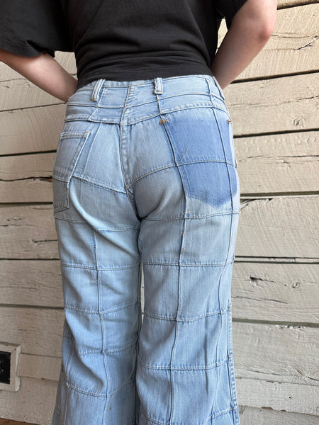 1970s window pane patchwork bell bottom jeans