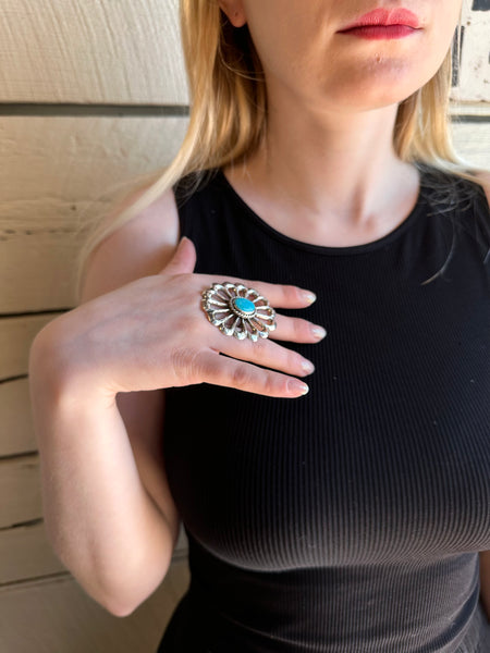 Vintage sterling silver and turquoise sand-casted flower ring