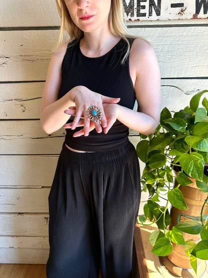 Vintage sterling silver and turquoise sand-casted flower ring