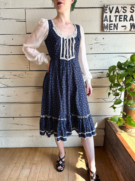 1970s Gunne Sax navy blue dress