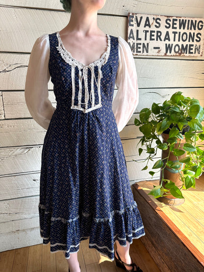 1970s Gunne Sax navy blue dress