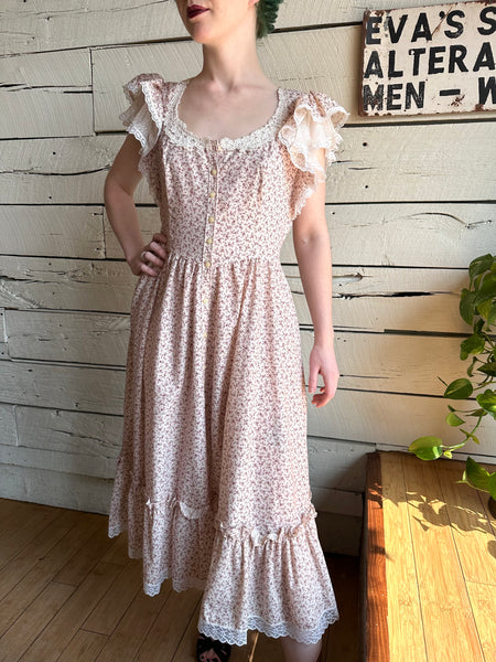 1970s Gunne Sax pink and burgundy flutter sleeve dress