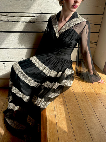 1930s/1940s black lace trim gown with slip