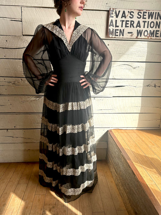 1930s/1940s black lace trim gown with slip