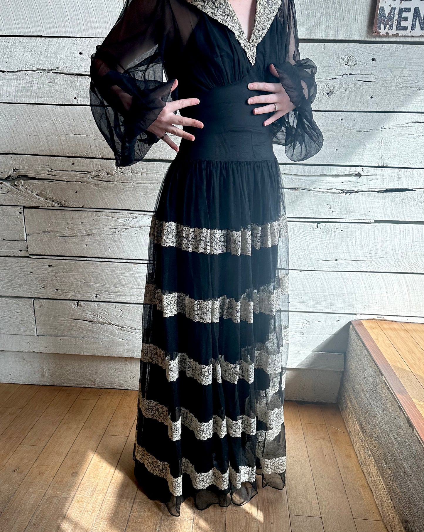 1930s/1940s black lace trim gown with slip