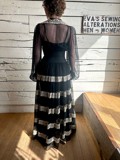 1930s/1940s black lace trim gown with slip