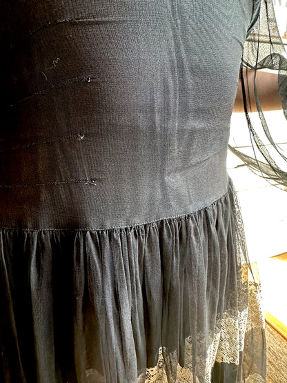 1930s/1940s black lace trim gown with slip