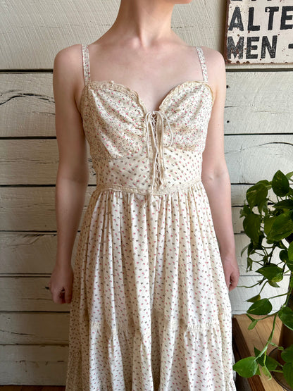 1970s Gunne Sax cream sleeveless floral dress