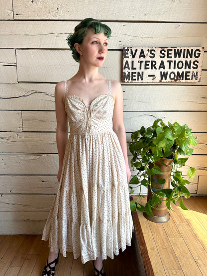 1970s Gunne Sax cream sleeveless floral dress