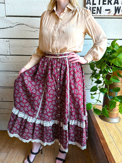 1970s Gunne Sax burgundy cotton skirt