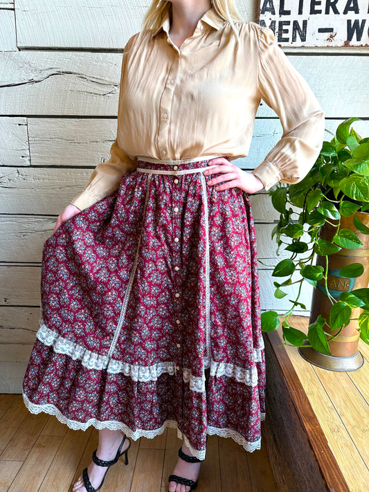 1970s Gunne Sax burgundy cotton skirt