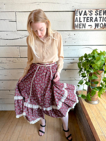 1970s Gunne Sax burgundy cotton skirt