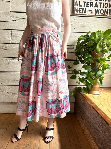 1950s pink sun face abstract print skirt