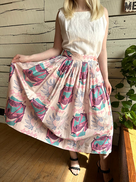 1950s pink sun face abstract print skirt