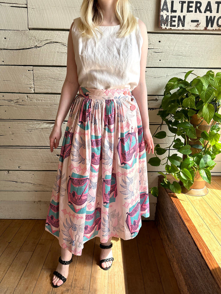1950s pink sun face abstract print skirt