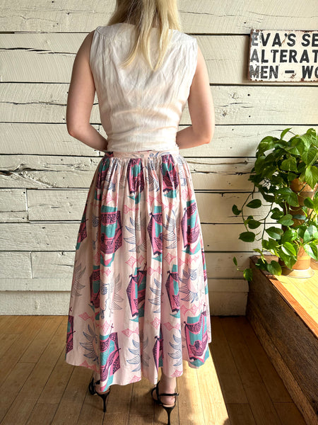 1950s pink sun face abstract print skirt