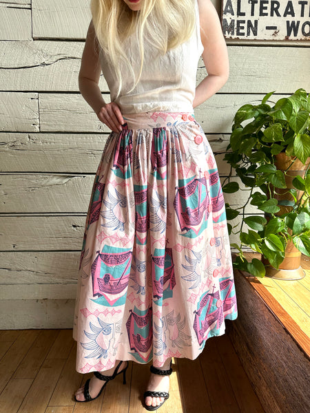 1950s pink sun face abstract print skirt