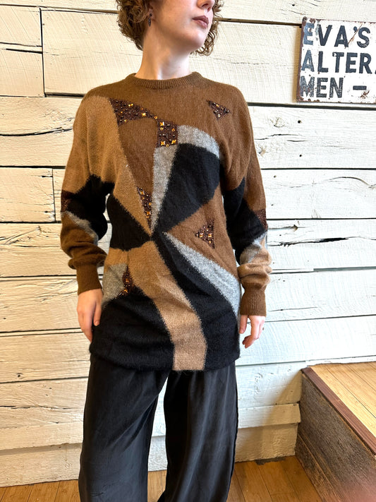 1980s Escada multicolored geometric and bedazzled sweater