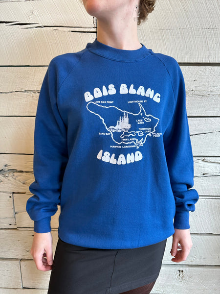 1980s Bois Blanc Island blue and white sweatshirt