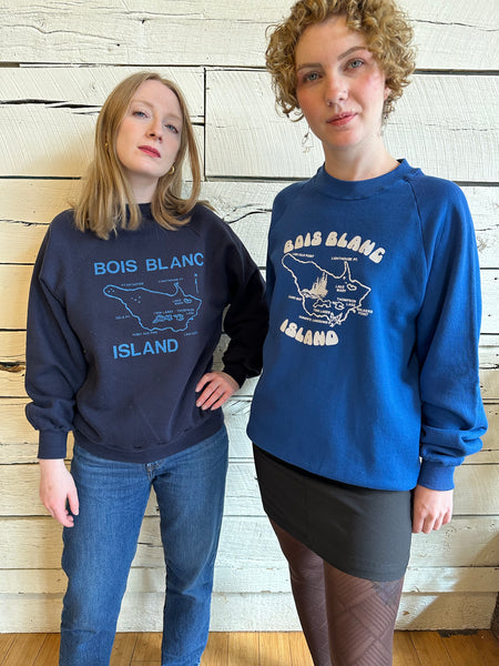 1980s Bois Blanc Island blue and white sweatshirt