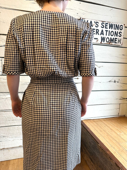 1980s Valentino navy and white houndstooth dress