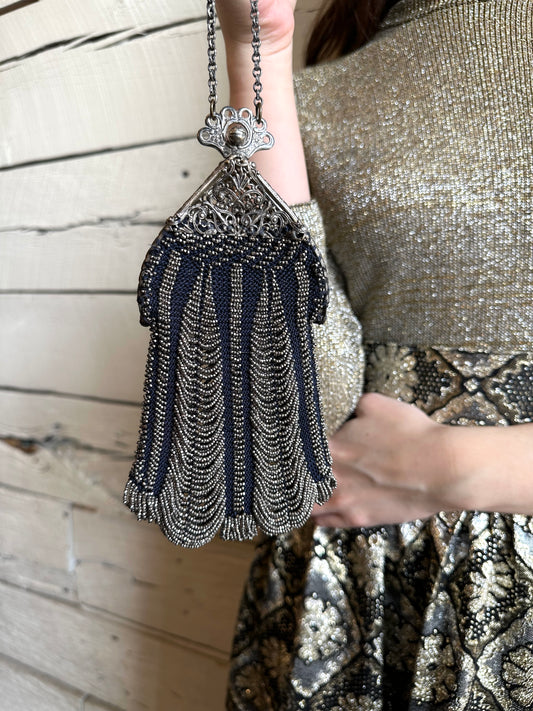 1920s navy and silver beaded bag