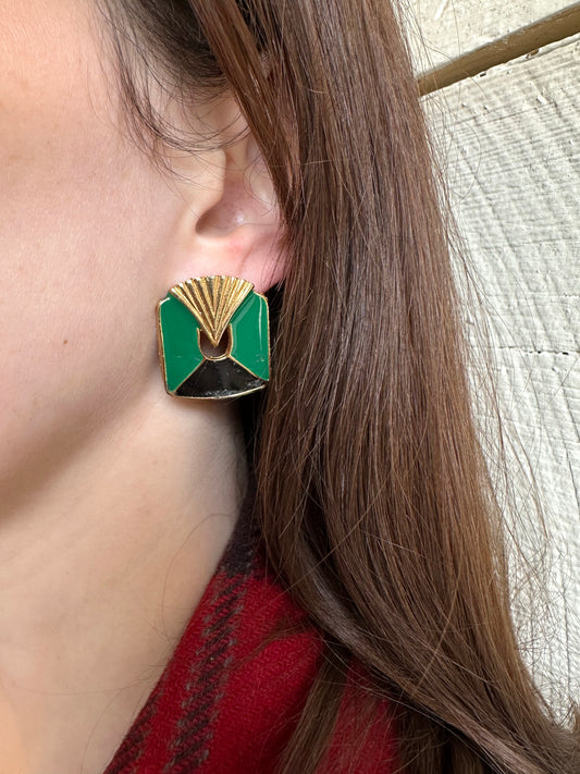 1980s green, black, and gold deco earrings