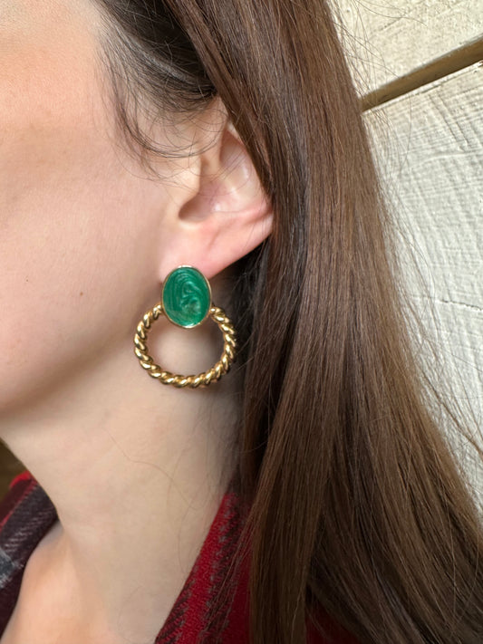 1980s green and gold doorknocker earrings