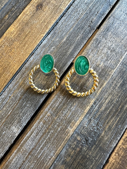 1980s green and gold doorknocker earrings