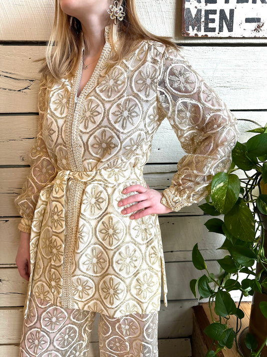 Late 1960s gold and white flower brocade two-piece set by Sodi